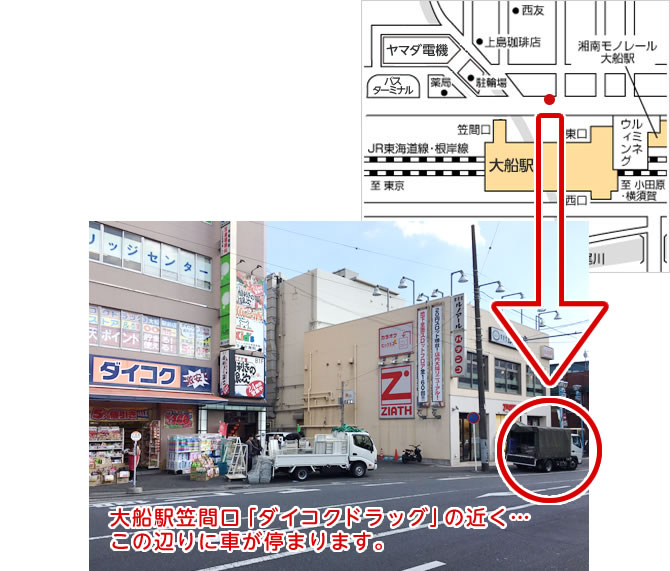 地図:大船駅笠間口「ダイコクドラッグ」の近く… この辺りに車が停まります。
